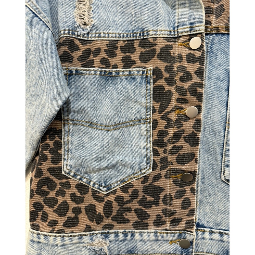 Acid Wash Leopard Print Distressed Oversized Denim Jacket Blue Brown Womens S - Picture 3 of 9